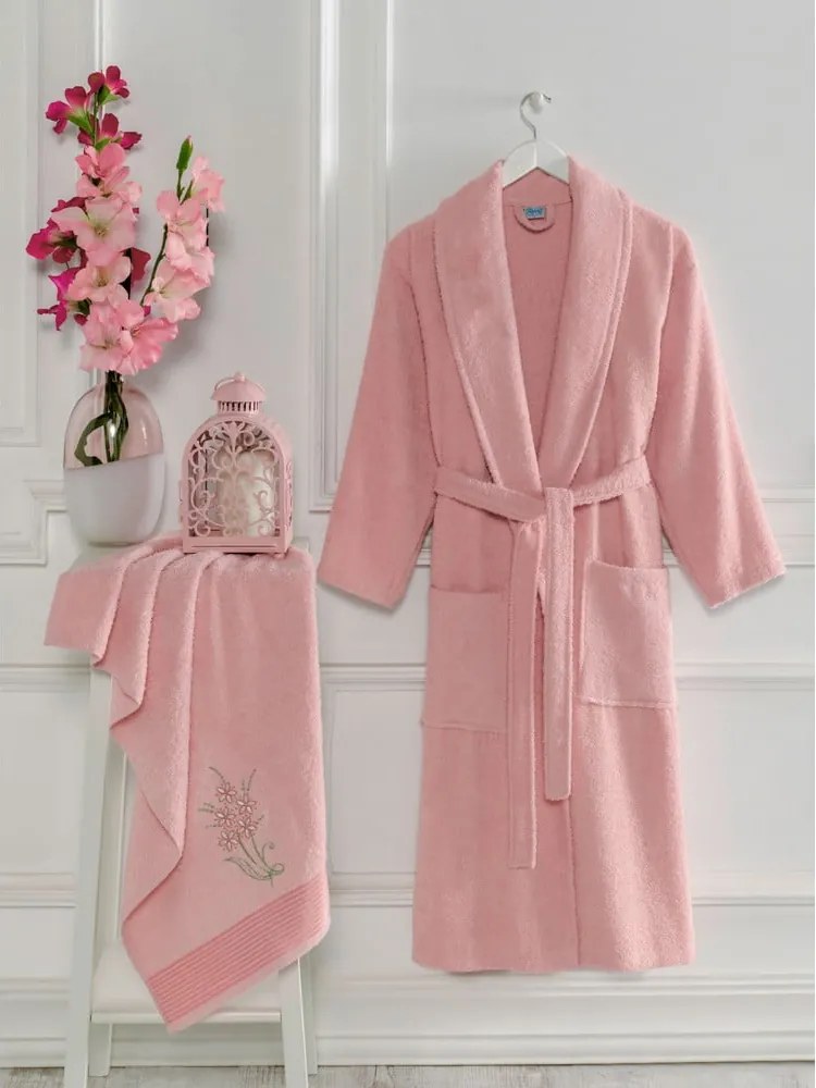 Set halat de baie și prosop roz S/M din bumbac – Mila Home
