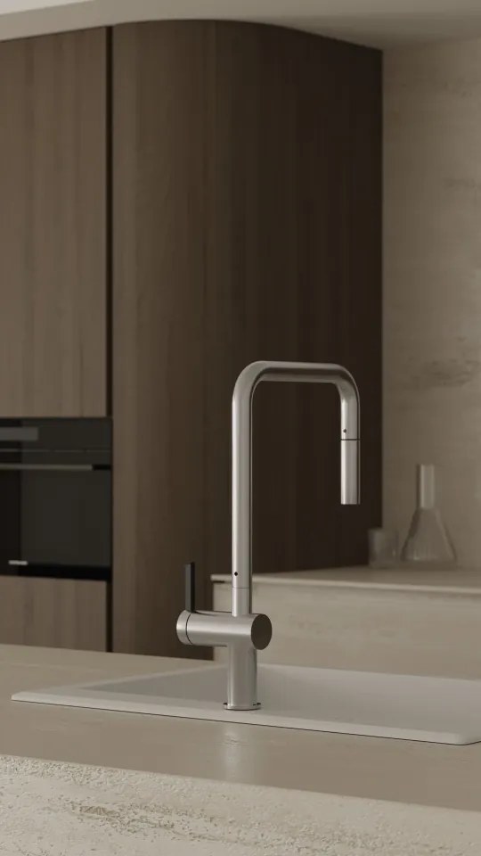 MOMI Baterie Bucătărie cu Pipă Extractibilă – Oțel Șlefuit (BKM_F73N)