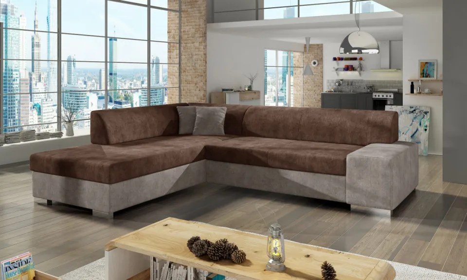 Coltar tapitat, extensibil, cu spatiu pentru depozitare, 278x217x74 cm, Porto L01, Eltap (Culoare: Maro / Gri)