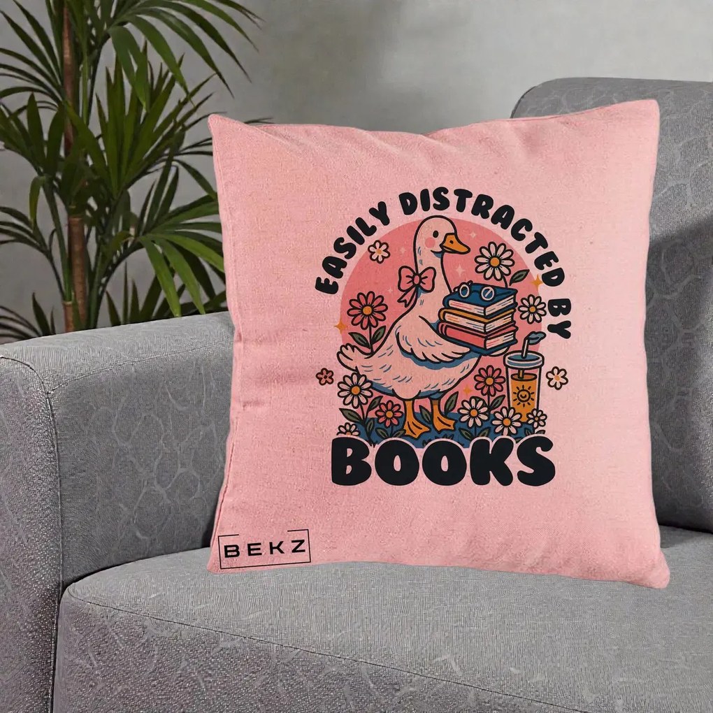 Perna Personalizata Easily Distracted by Books, 40x40 cm, Roz, Husa Detasabila, Perna Inclusa, BEKZ®