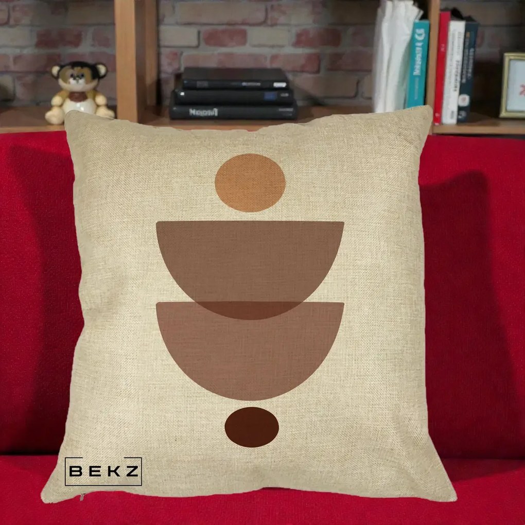 Perna Decorativa Geometric Boho Semicercuri Brun, 40x40 cm, Crem, Husa Detasabila, Perna Inclusa, BEKZ®