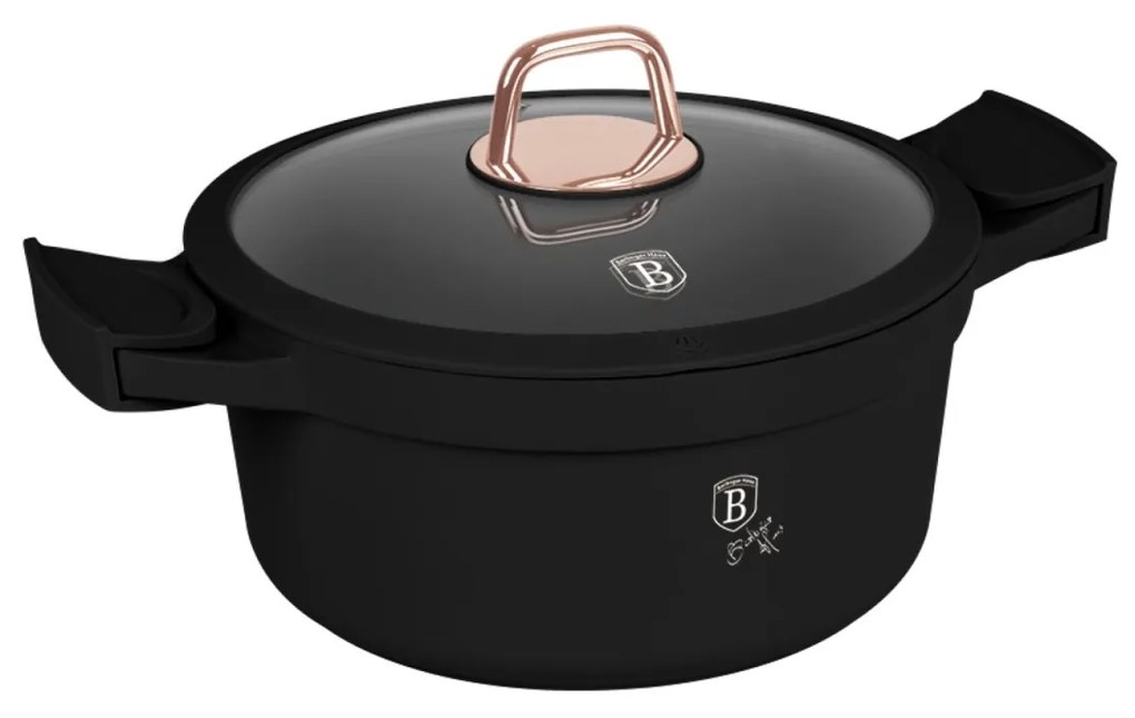 Oală cu capac și mânere de silicon detașabile 24 cm, 4.4L – Berlinger Haus Black Rose Collection BH 1457, neagră, strat antiaderent cu titan, pentru