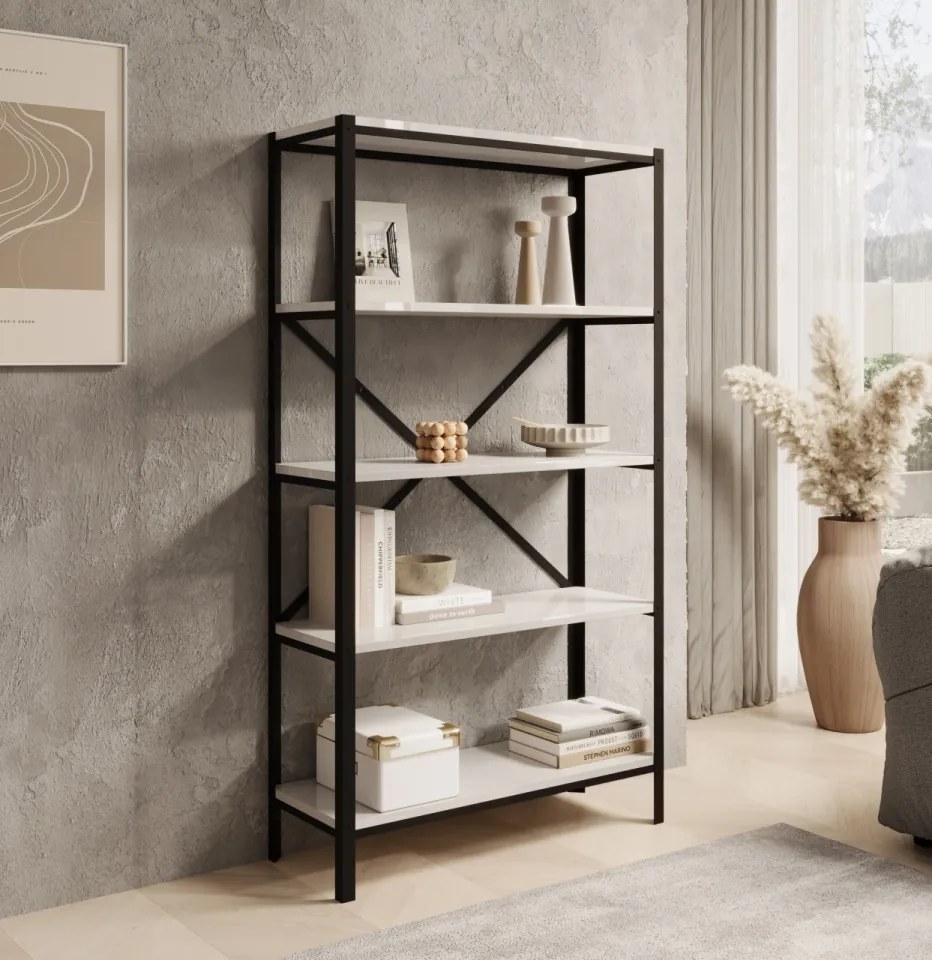 Raft metalic pentru carti, 80x146.8x30 cm, Rene, ADRK Furniture (Culoare: Negru / Negru)