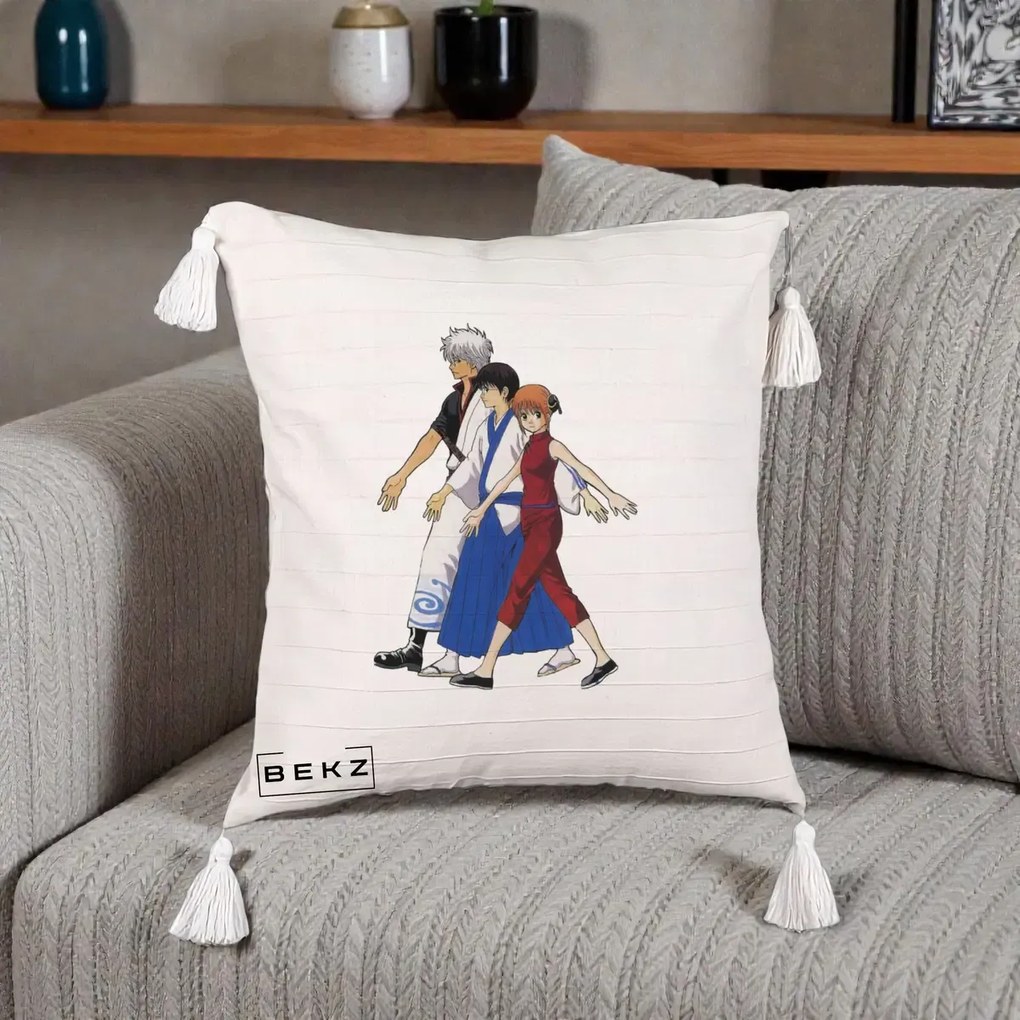 Perna Personalizata Gintama Trio Gintoki Shinpachi Kagura, 40x40 cm, Bej cu Franjuri, Husa Detasabila, Perna Inclusa, BEKZ®