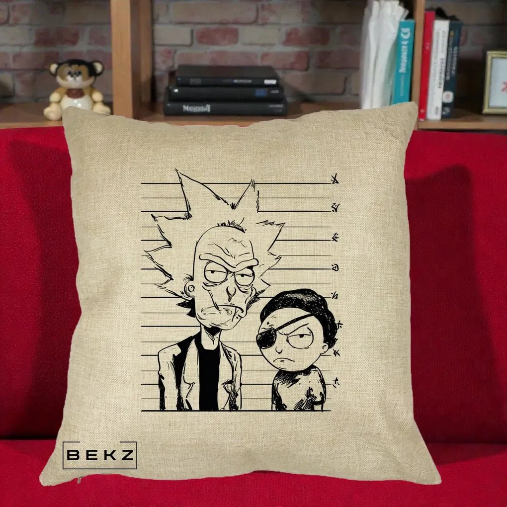 Perna Personalizata Rick si Morty Dosar, 40x40 cm, Crem, Husa Detasabila, Perna Inclusa, BEKZ®
