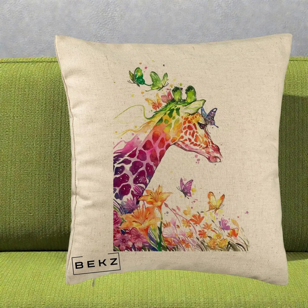 Perna Decorativa Girafa Curcubeu Acuarela, 40x40 cm, Bej, Husa Detasabila, Perna Inclusa, BEKZ®