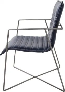 Scaun dining cu brațe tapițat eclectic din piele naturală și metal, albastru, cu cusături în canale și bază în X, 87 x 60 x 53 cm, „Saint-Tropez”