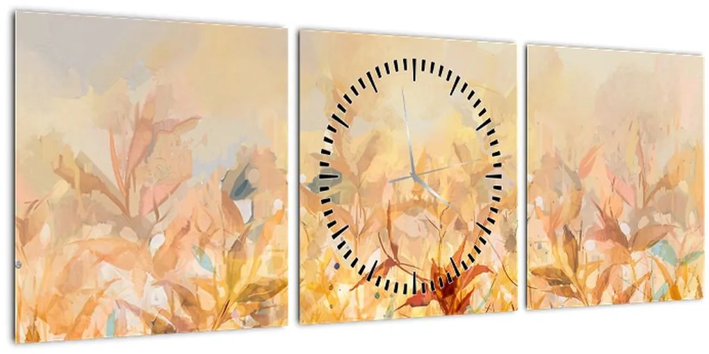 Tablou - Frunze în culori de toamnă, pictură în ulei (cu ceas) (90x30 cm)