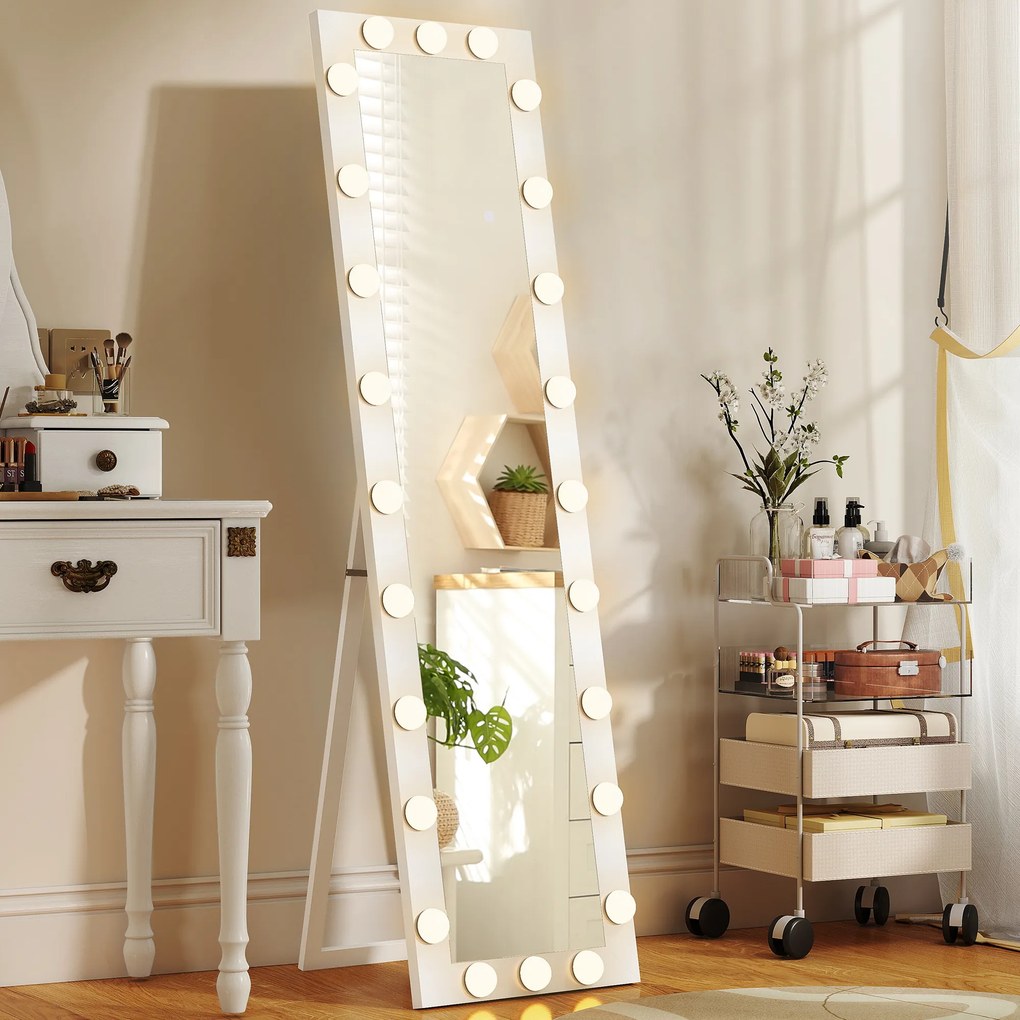 HOMCOM Oglindă de corp întreg 150x40 cm, oglindă LED cu 24 de becuri, 3 nuanțe de lumină, independentă, sprijinită sau pentru montare pe perete, Alb | Aosom Romania