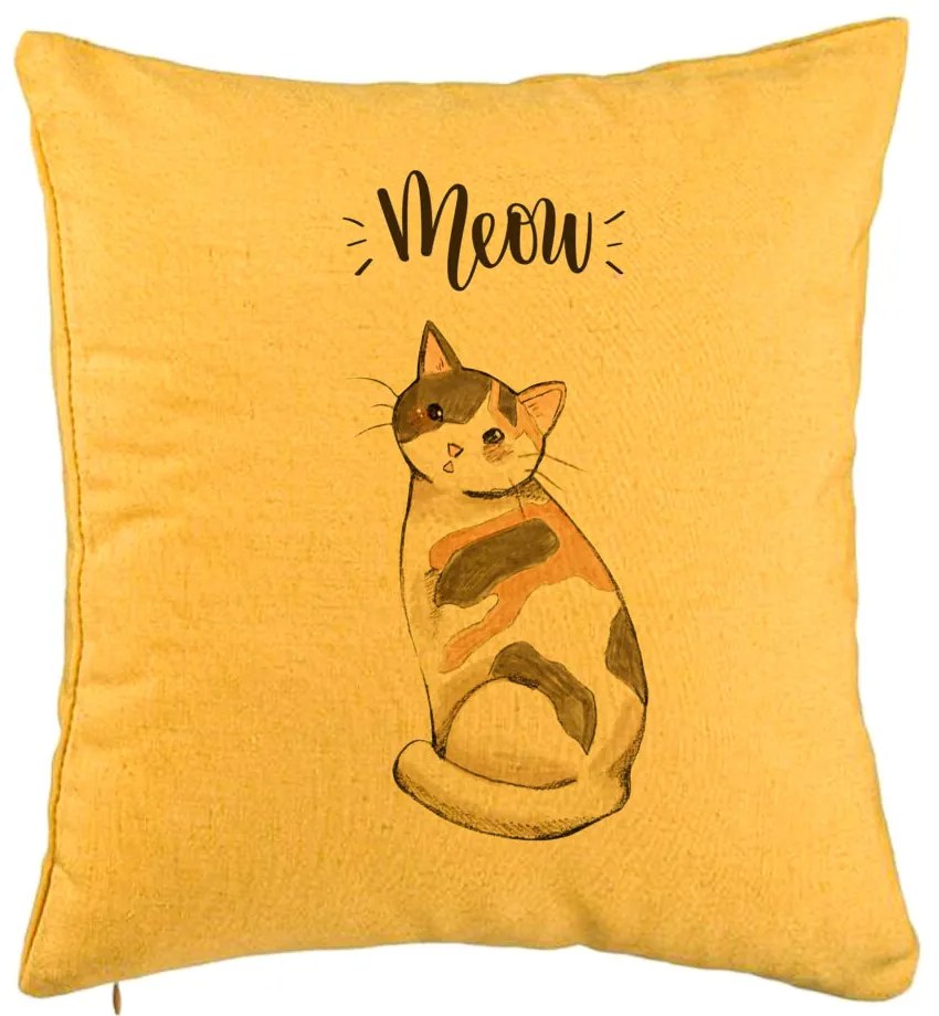 Perna Decorativa, Model Meow, 40x40 cm, Galben, Husa Detasabila, Burduf