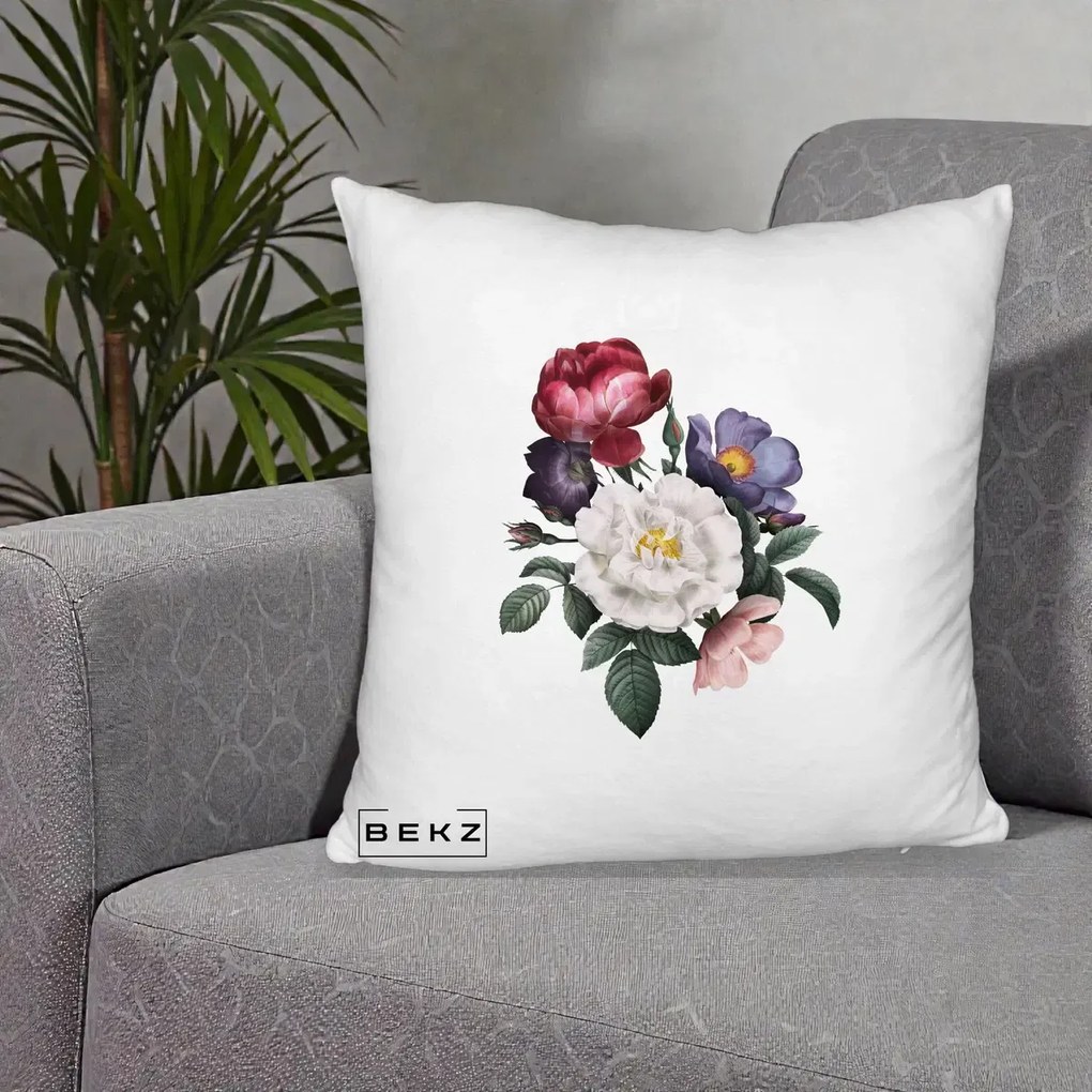 Perna Decorativa Buchet Trandafiri Bujori Botanical, 40x40 cm, Alb Pufos, Husa Detasabila, Perna Inclusa, BEKZ®