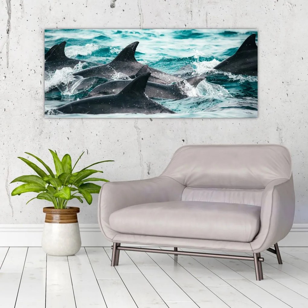 Tablou - Delfini în ocean (120x50 cm), în 40 de alte dimensiuni noi