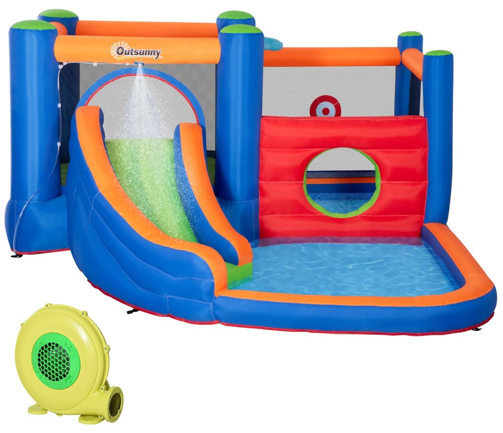 Outsunny 4 in 1 pentru copii Tobogan de apa Bounce House tobogan, trambulina, piscina, pentru copii de 3-8 ani