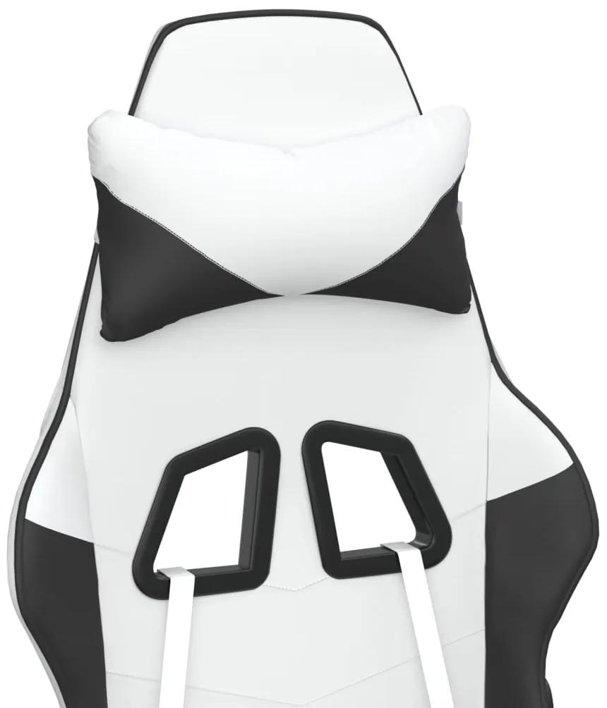 Scaun de gaming cu suport picioare, alb negru, piele ecologica