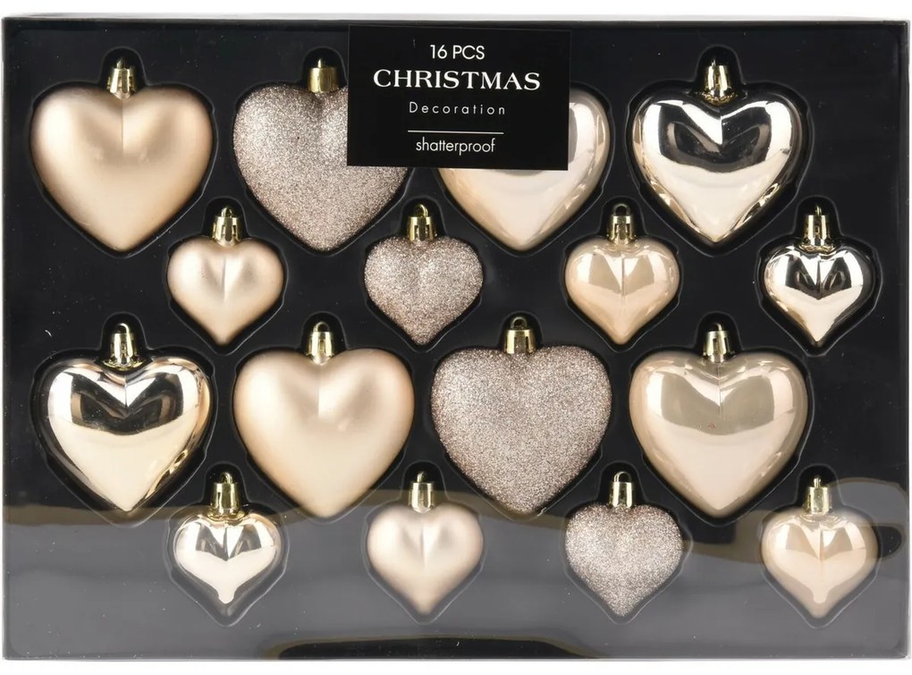 Set de ornamente de Crăciun Heart gold, 16 buc