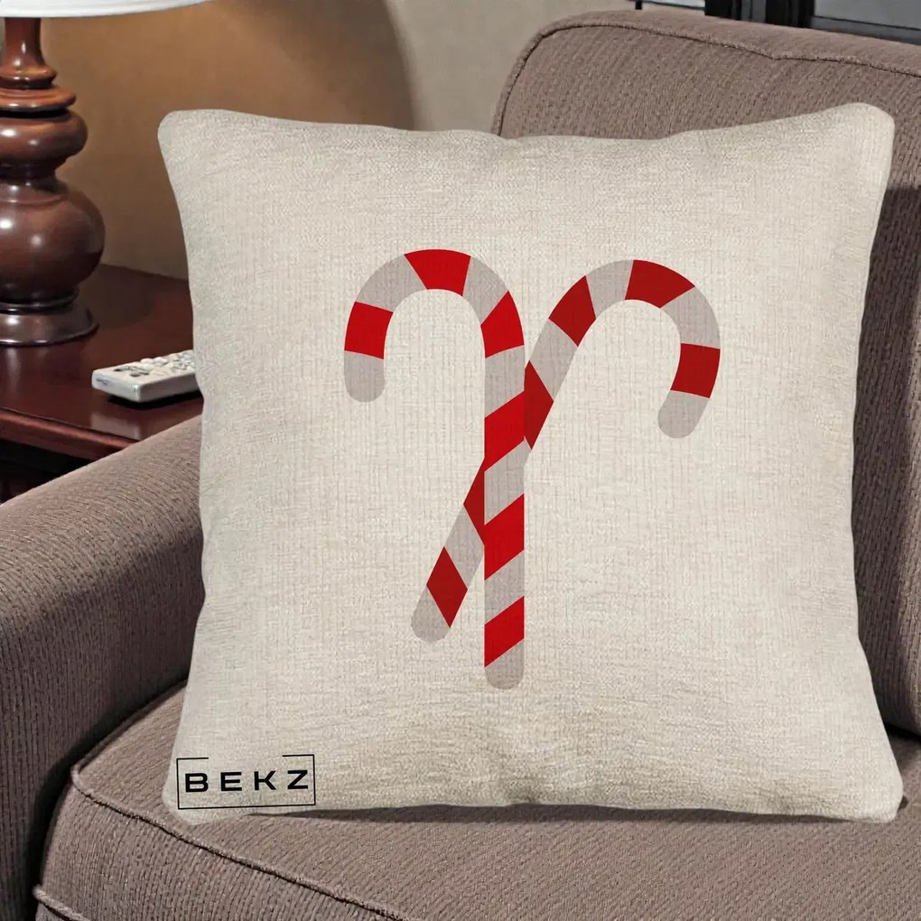 Perna Decorativa Candy Cane de Craciun, 40x40 cm, Bej Canapea, Husa Detasabila, Perna Inclusa, BEKZ®