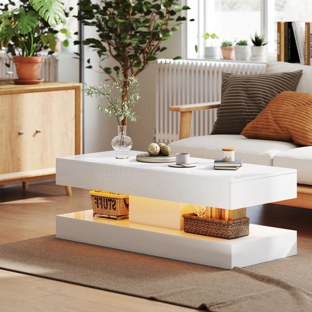 HOMCOM Masa de cafea cu sertare și lumini LED, masă laterală modernă cu raft deschis, masă de cafea, placaj, Alb | Aosom Romania