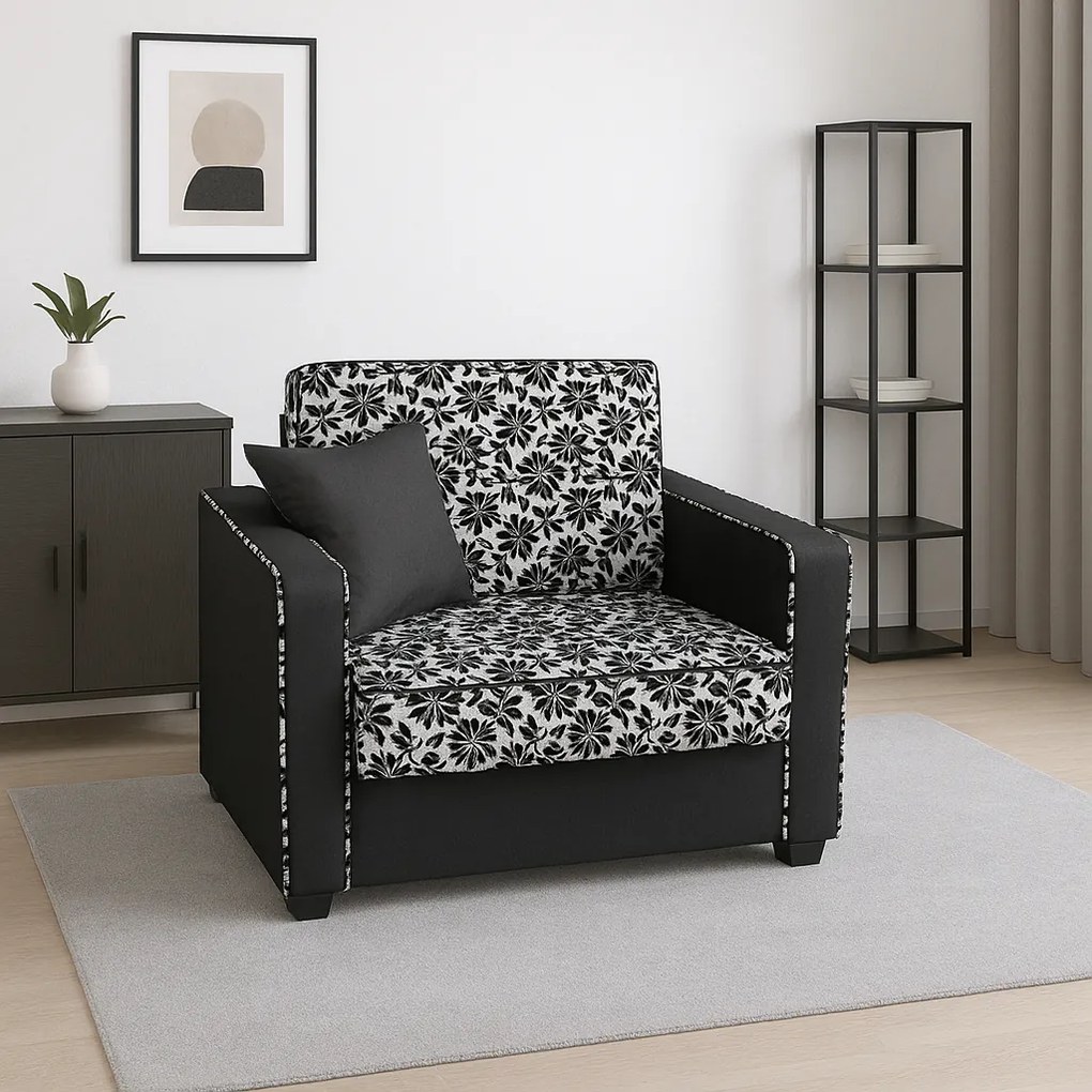 Fotoliu SAMY NEXT extensibil, cu lada de depozitare, stofa gri cu negru , cadru metalic, 103x100x92 Stofa, Gri + Negru