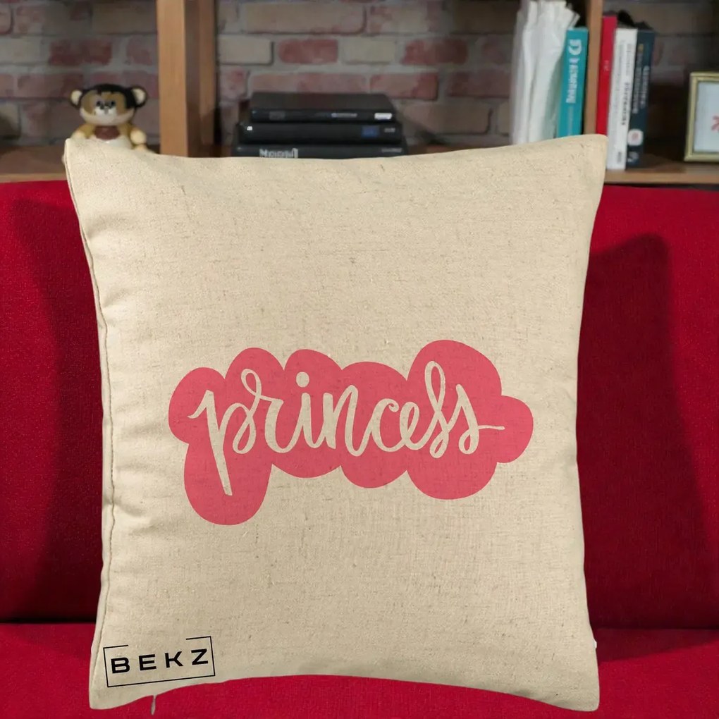 Perna Decorativa Princess Text Roz, 40x40 cm, Bej, Husa Detasabila, Perna Inclusa, BEKZ®