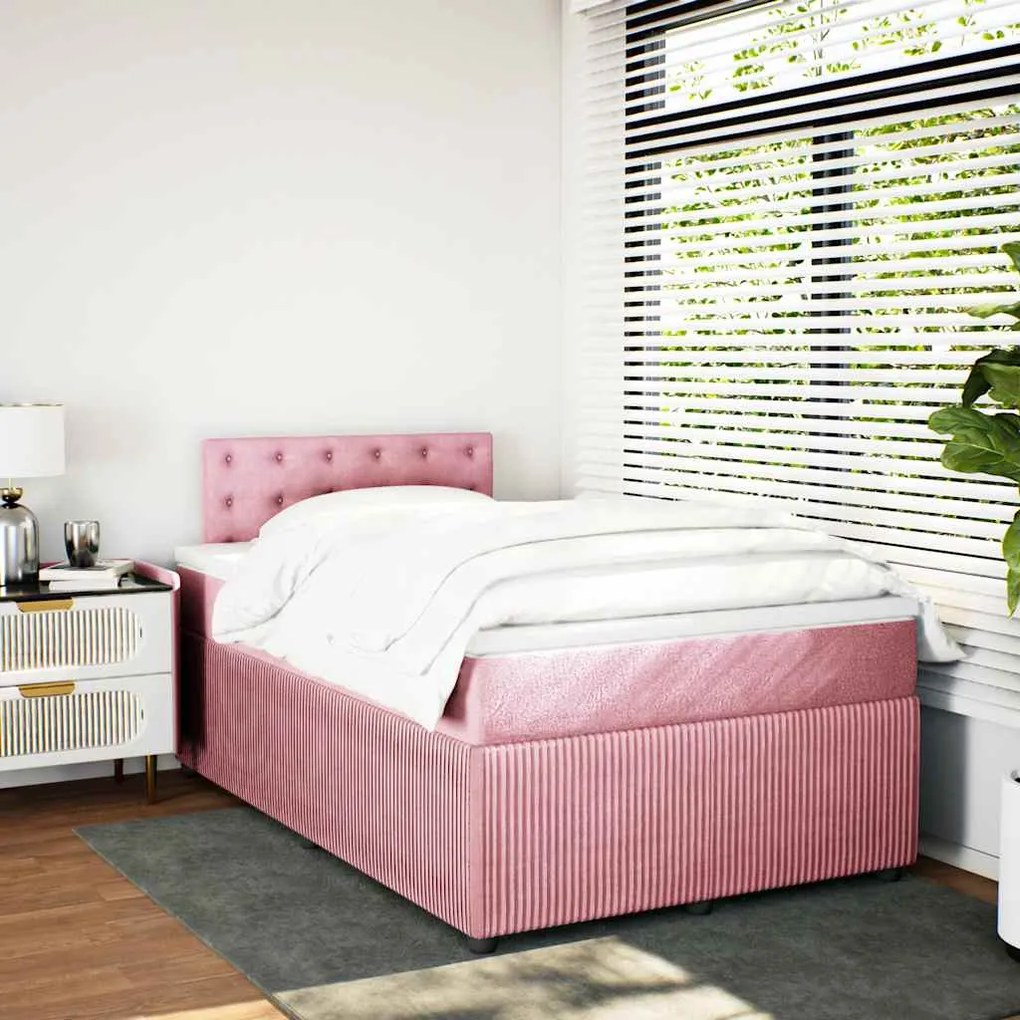 vidaXL Pat box spring cu saltea, roz, 120x200 cm, catifea