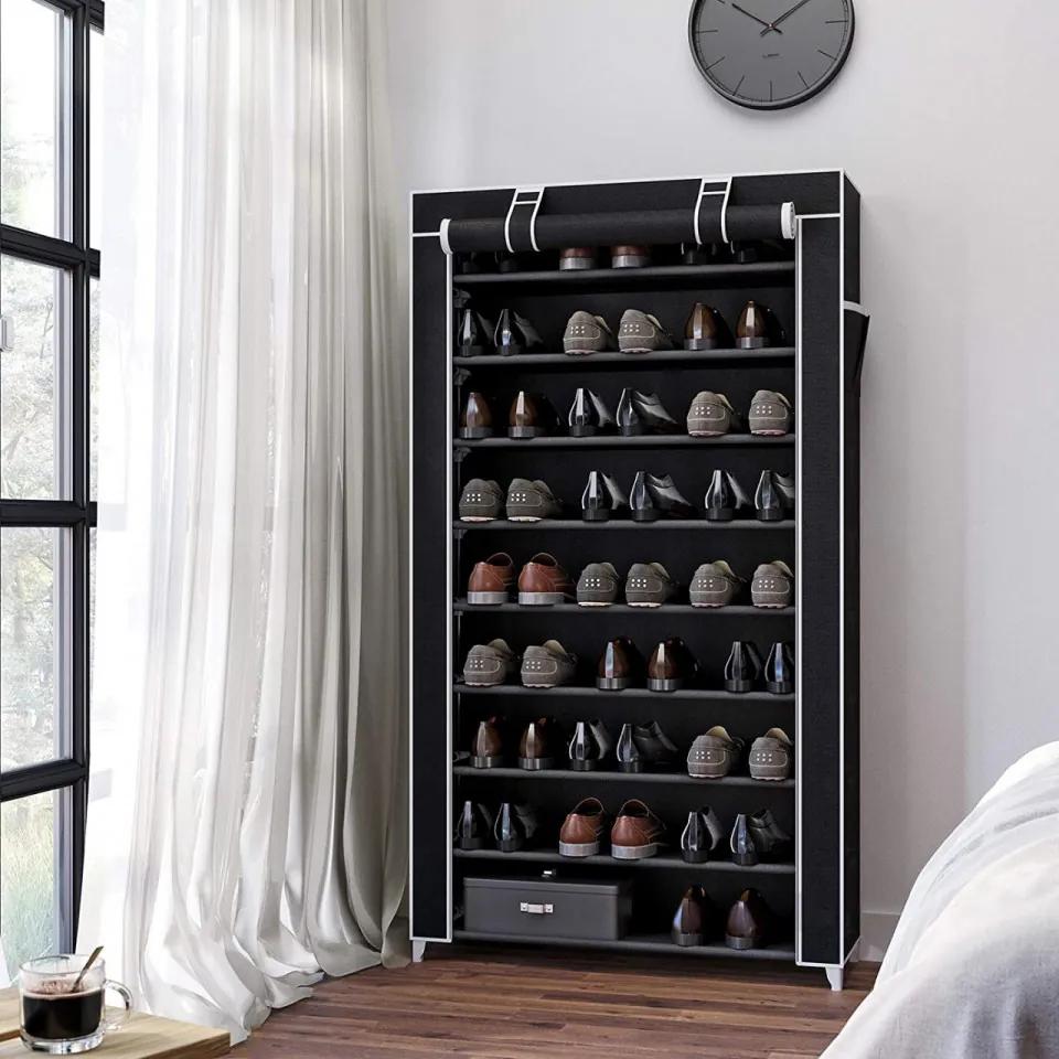 Suport pantofi cu 9 rafturi, 88 x 28 x 160 cm, metal / textil, negru, Songmics