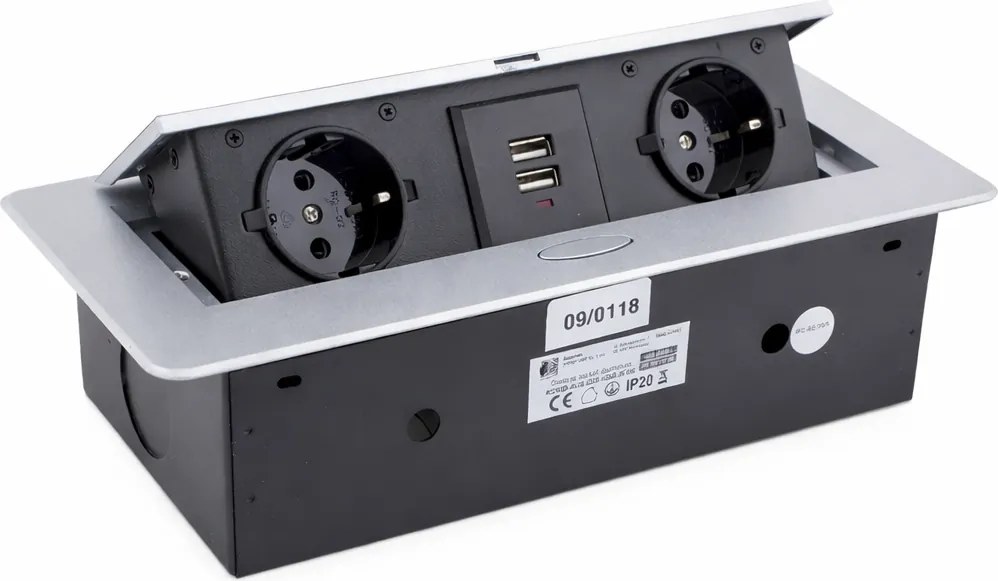 Priză încorporabilă în blat Kombibox Design Light, 2 prize Schuko, 2 USB, aluminiu, 266 x 133 cm Metal, Aluminiu, L:266 mm; l:133 mm