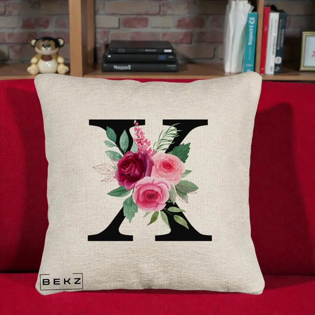 Cadou Personalizat - Perna Personalizata Monograma Florala Litera X cu Buchet, 40x40 cm, Bej Canapea, Husa Detasabila, Perna Inclusa, BEKZ®