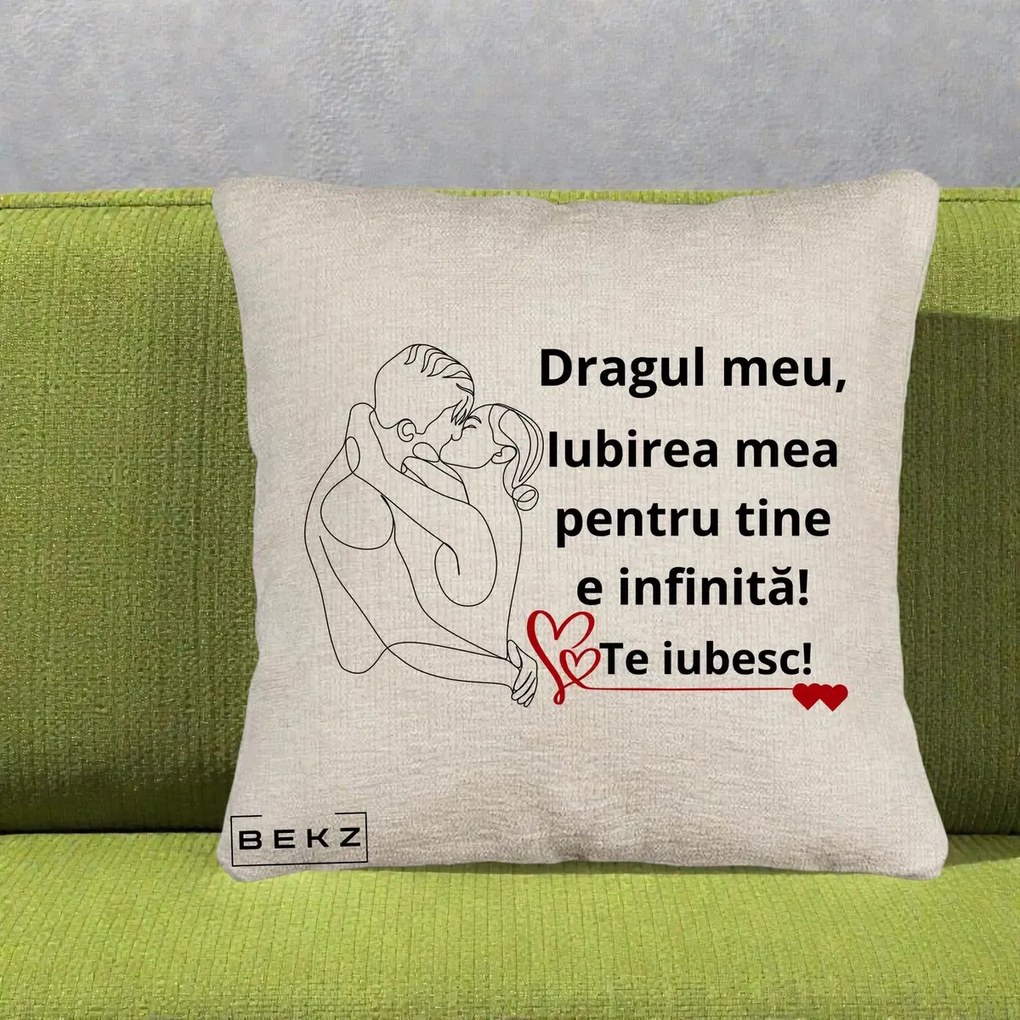 Cadou pentru Iubit - Perna Personalizata Dragul Meu Iubirea Mea pentru Tine e Infinita Te Iubesc, 40x40 cm, Bej Canapea, Husa Detasabila, Perna Inclusa, BEKZ®
