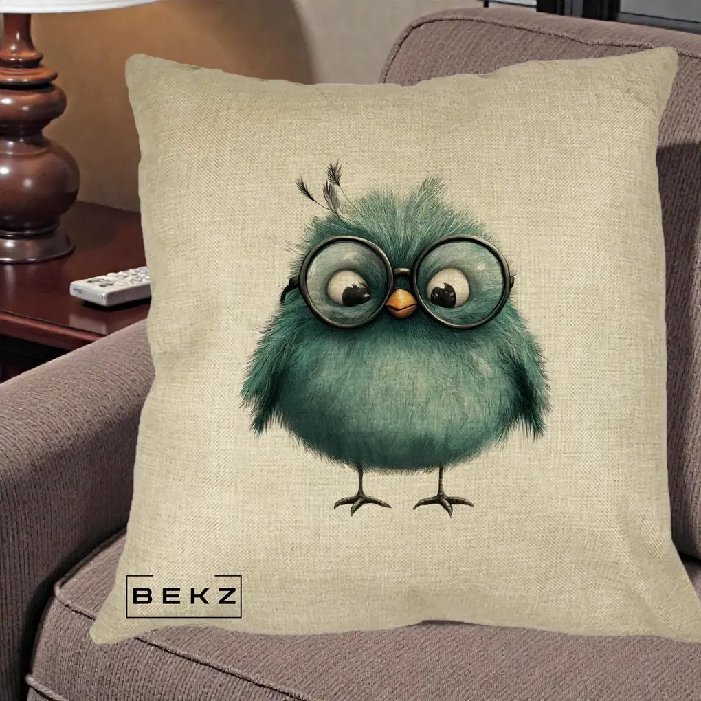 Perna Decorativa Pui Teal cu Ochelari Rotunzi, 40x40 cm, Crem, Husa Detasabila, Perna Inclusa, BEKZ®