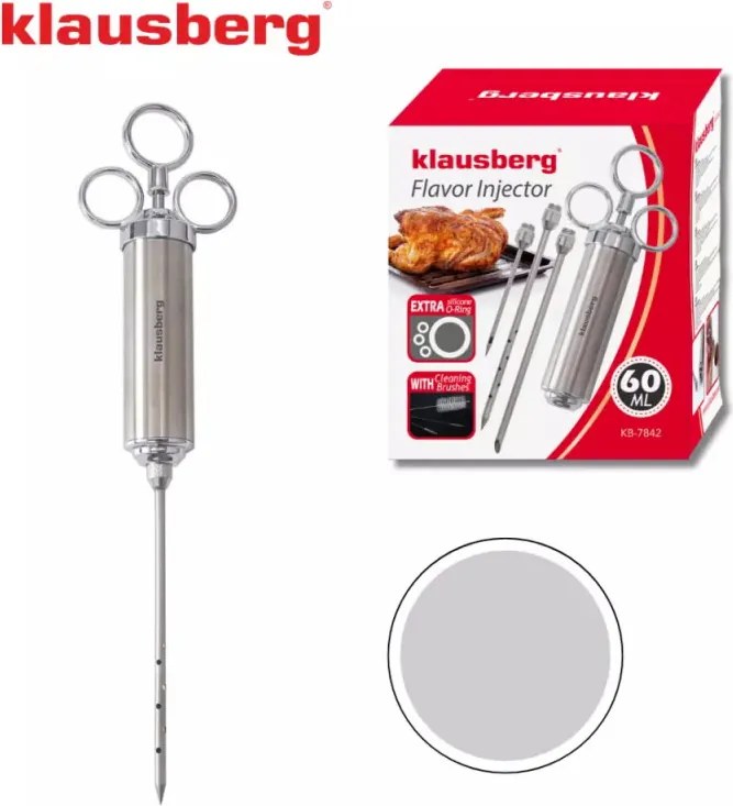 Seringa pentru marinat carne Klausberg KB 7842, 60 ml, 3 ace, Otel inoxidabil, Fara BPA, Argintiu