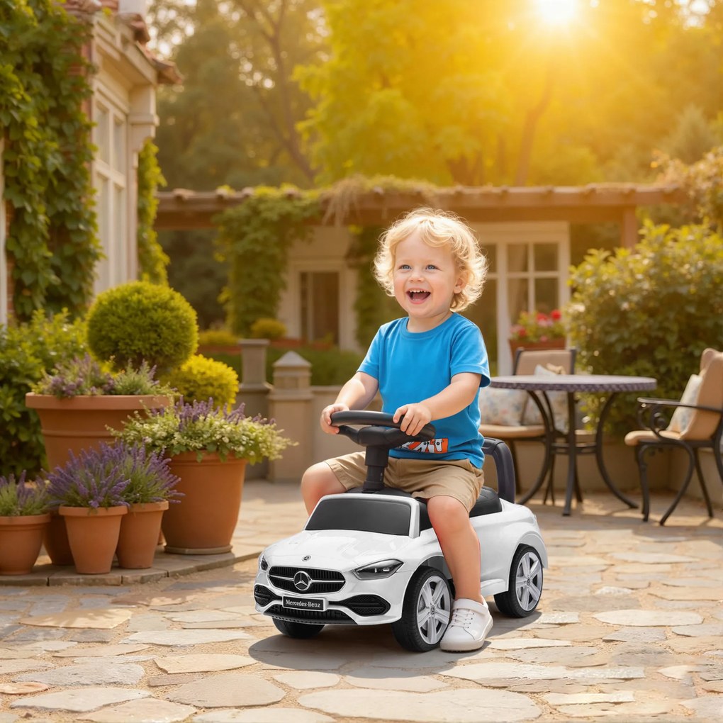 AIYAPLAY Mașină de Călărit pentru Copii 1-3 Ani Convertibilă în Cărucior cu Licență Mercedes, 91x40x83 cm, Alb | Aosom Romania