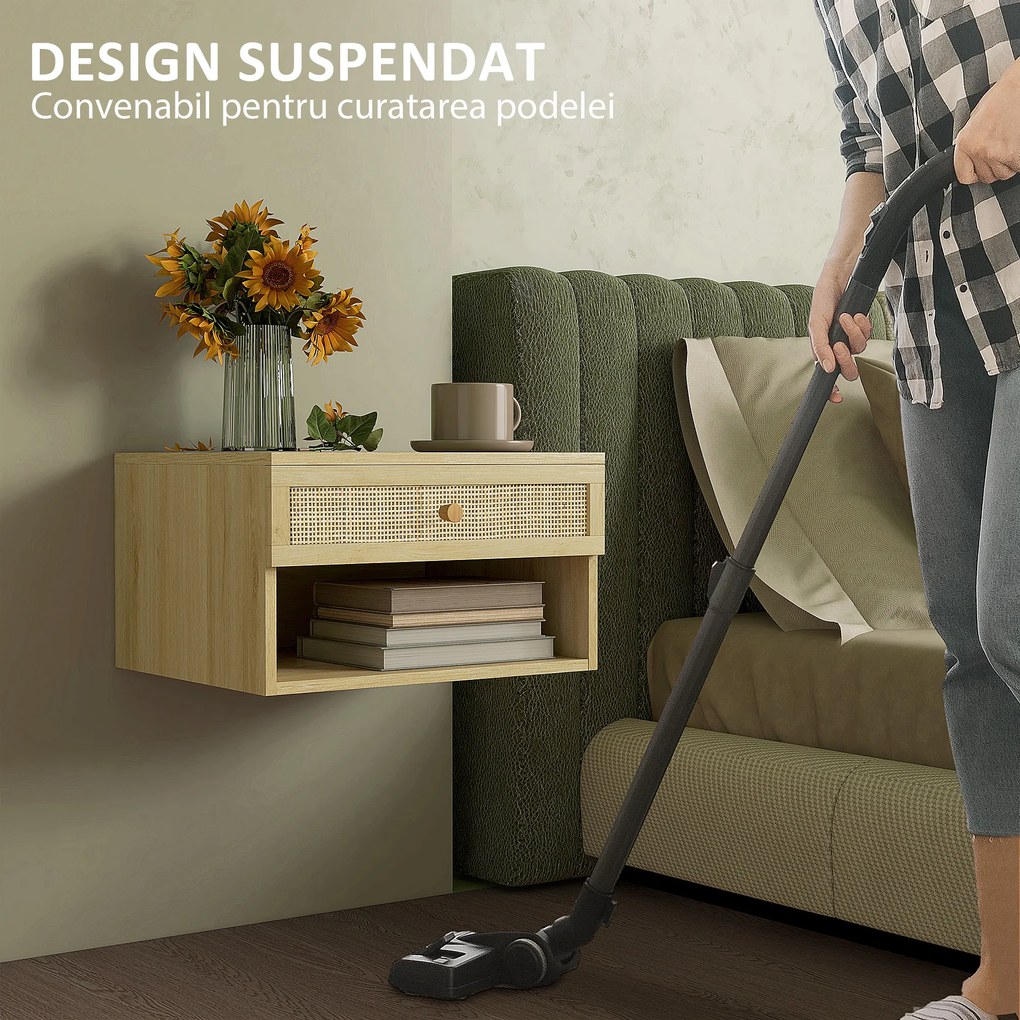 HOMCOM Set de 2 Noptiere Plutitoare, Noptiere cu Sertar din Ratan și Raft Deschis pentru Dormitor, 40x34x23 cm, Lemn Natural | Aosom Romania