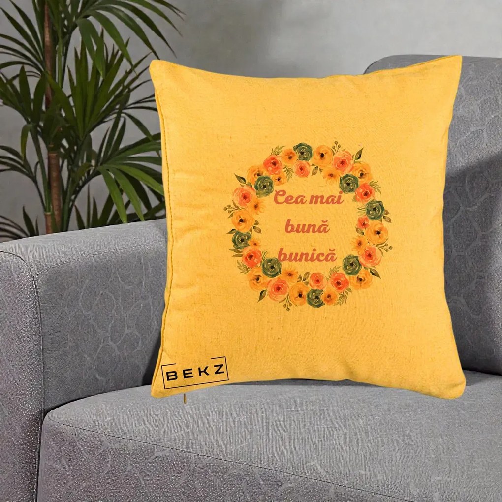 Perna personalizata bunica: Cea mai buna bunica, flori multicolore, 40x40 cm cu Umplutura, Galben, BEKZ