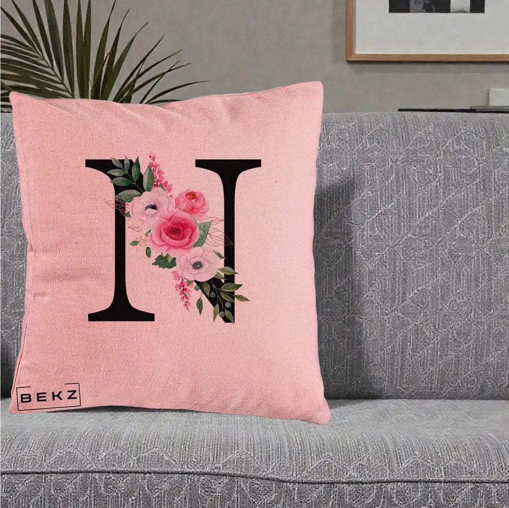Cadou Personalizat - Perna Personalizata Monograma Florala Litera N, 40x40 cm, Roz, Husa Detasabila, Perna Inclusa, BEKZ®