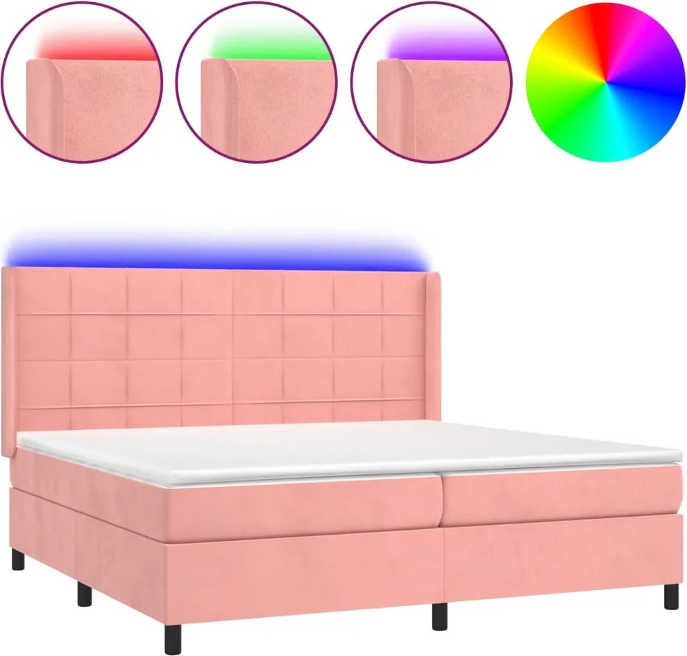 vidaXL Pat continental cu saltea & LED, roz, 200x200 cm, catifea