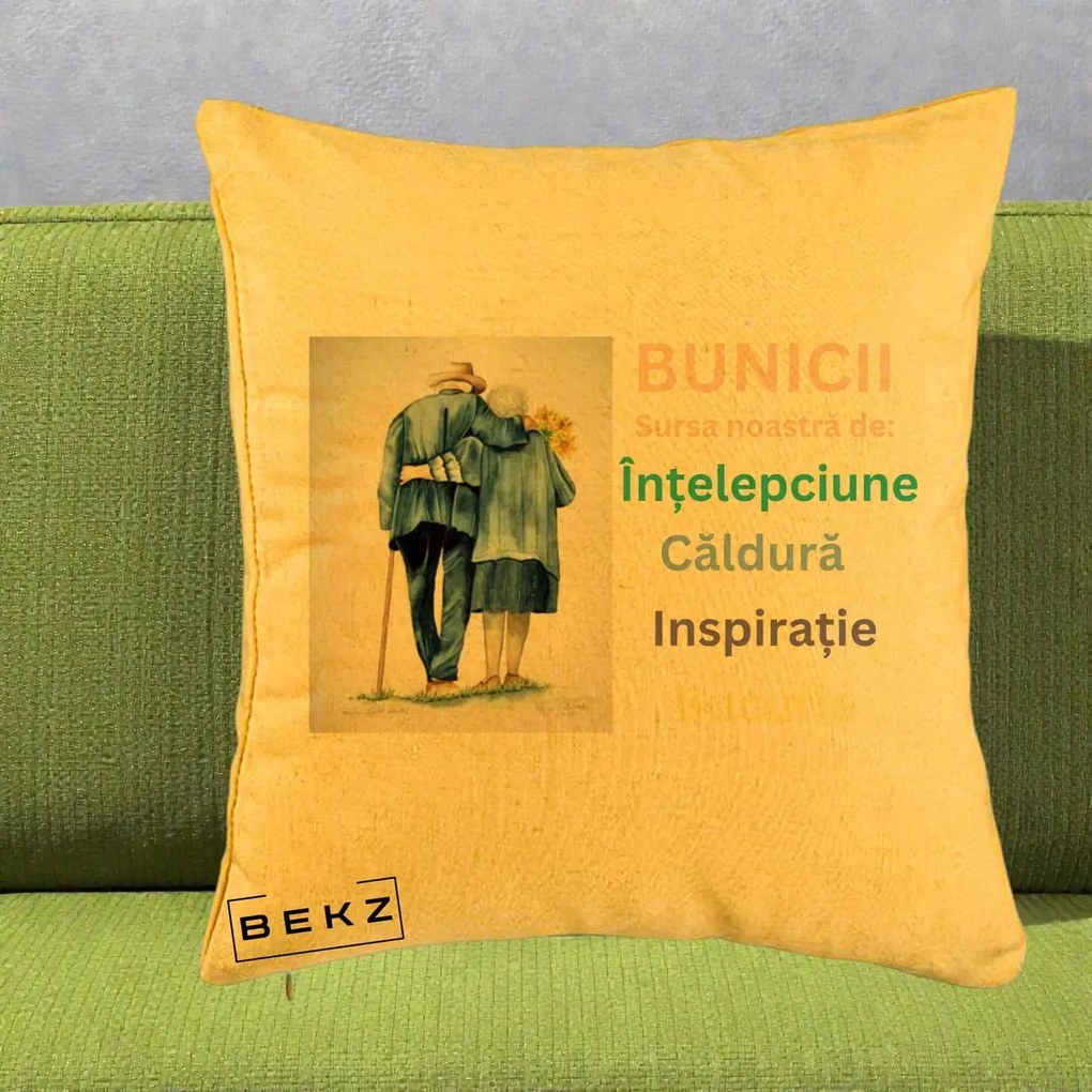 Cadou pentru Bunici - Perna Personalizata Bunicii Sursa Intelepciune Caldura Acuarela, 40x40 cm, Galben, Husa Detasabila, Perna Inclusa, BEKZ®