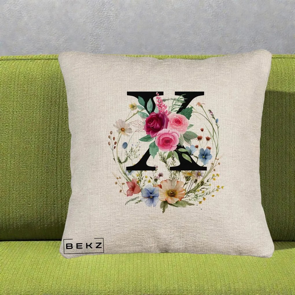 Cadou Personalizat - Perna Personalizata Monograma Florala Litera X cu Coroana, 40x40 cm, Bej Canapea, Husa Detasabila, Perna Inclusa, BEKZ®