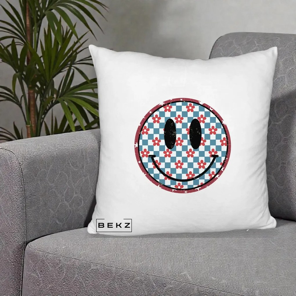 Perna Decorativa Smiley Face Checkered cu Floricele, 40x40 cm, Alb Pufos, Husa Detasabila, Perna Inclusa, BEKZ®