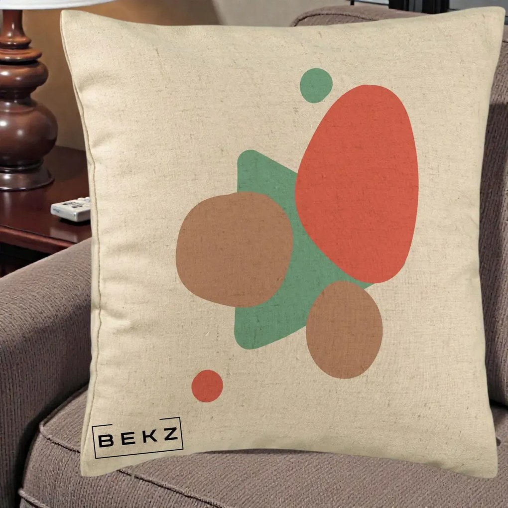Perna Decorativa Abstract Forme Coral Turcoaz, 40x40 cm, Bej, Husa Detasabila, Perna Inclusa, BEKZ®