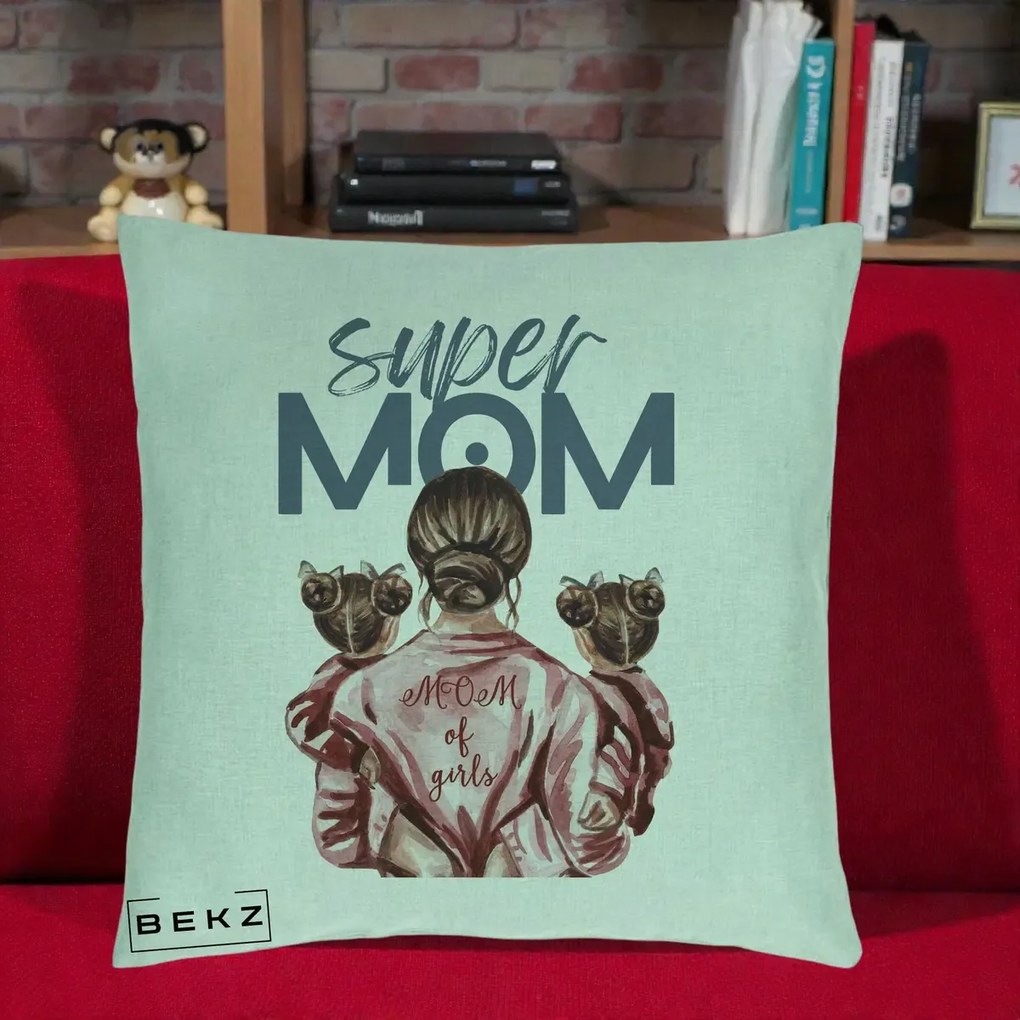 Cadou pentru Mama - Perna Personalizata Super Mom of Girls Mama cu Gemene, 40x40 cm, Verde Menta, Husa Detasabila, Perna Inclusa, BEKZ®