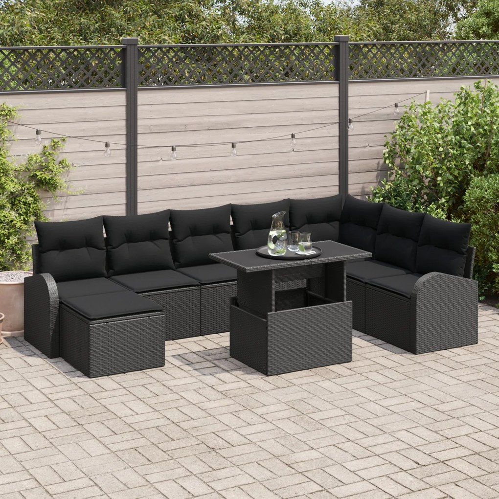 vidaXL Set canapea de grădină 9 piese cu perne, ratan sintetic negru