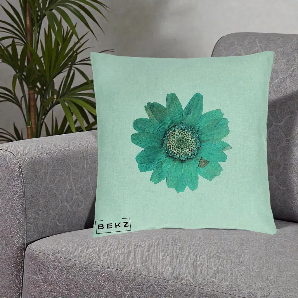Perna Decorativa Floare Gerbera Teal Acuarela, 40x40 cm, Verde Menta, Husa Detasabila, Perna Inclusa, BEKZ®
