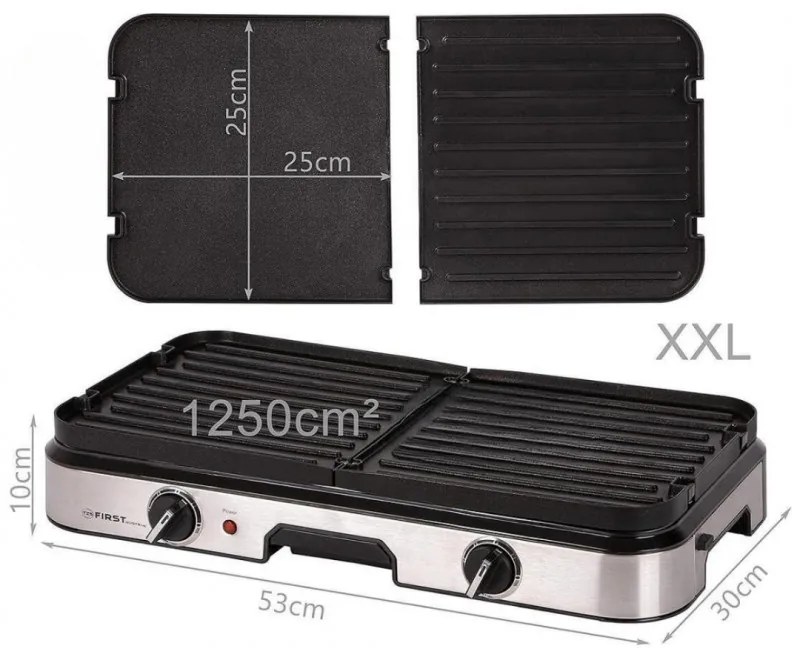 Gratar electric First Austria FA-5346, 2000W, 2 zone independente, Termostat, Acoperire antiaderenta, Tava de grasime, Negru/inox