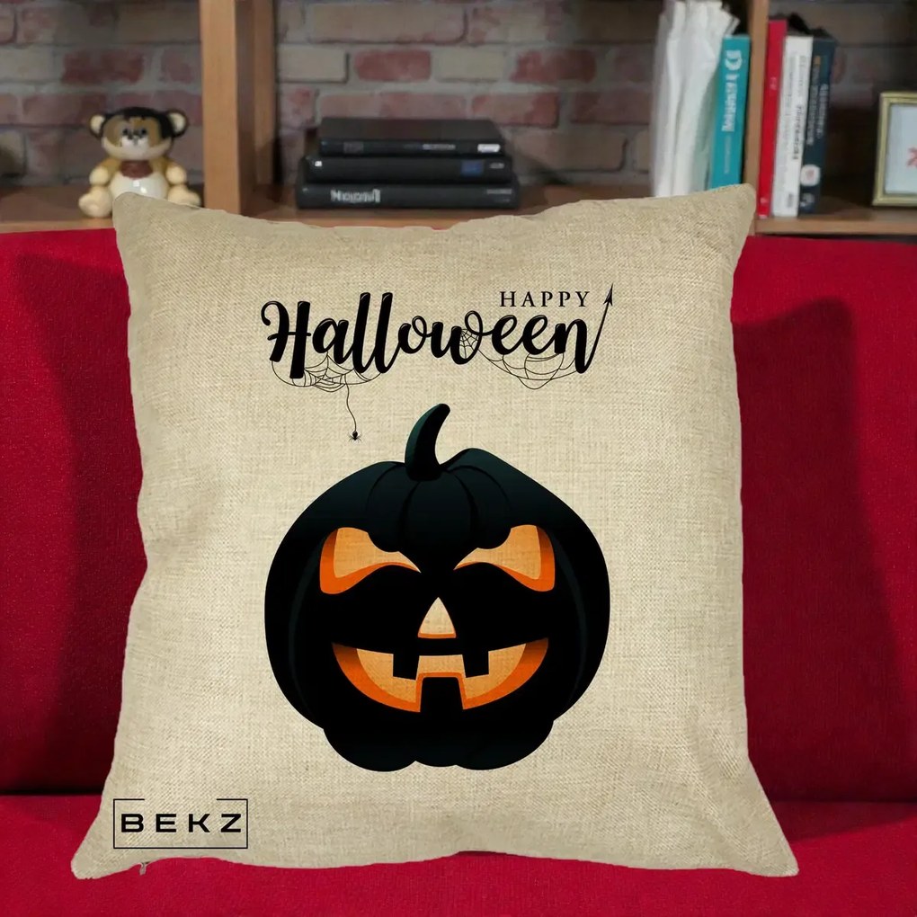 Perna Decorativa Happy Halloween Dovleac Negru cu Paianjen, 40x40 cm, Crem, Husa Detasabila, Perna Inclusa, BEKZ®