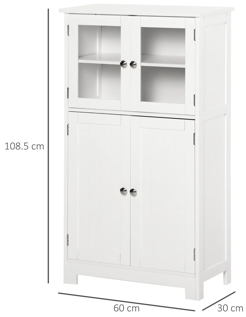 kleankin Mobile Bagno con 2 Armadietti e Ante in Vetro, Mobiletto Bagno Salvaspazio con Ripiano Regolabile, Armadietto da Terra per Sala da Pranzo, Salotto, Soggiorno, Cucina, 60x30x108.5 cm, Bianco | Aosom Romania