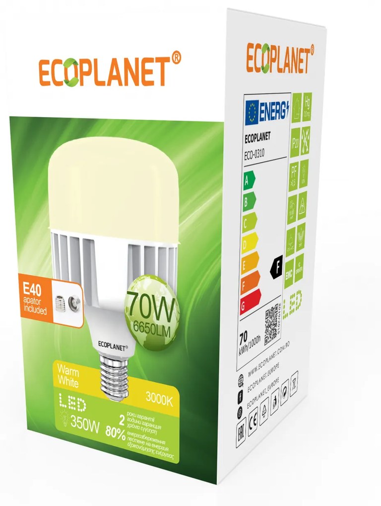 Bec LED Ecoplanet T140 forma cilindrica, E27, 70W (350W), 6650 LM, F, lumina calda 3000K, Mat Lumina calda - 3000K, 1 buc
