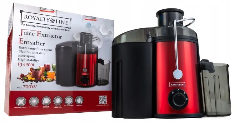 Storcator de fructe si legume  Royalty Line PJ-19001, 700 W, 2 viteze, 450 ml, Anti-picurare, Rosu