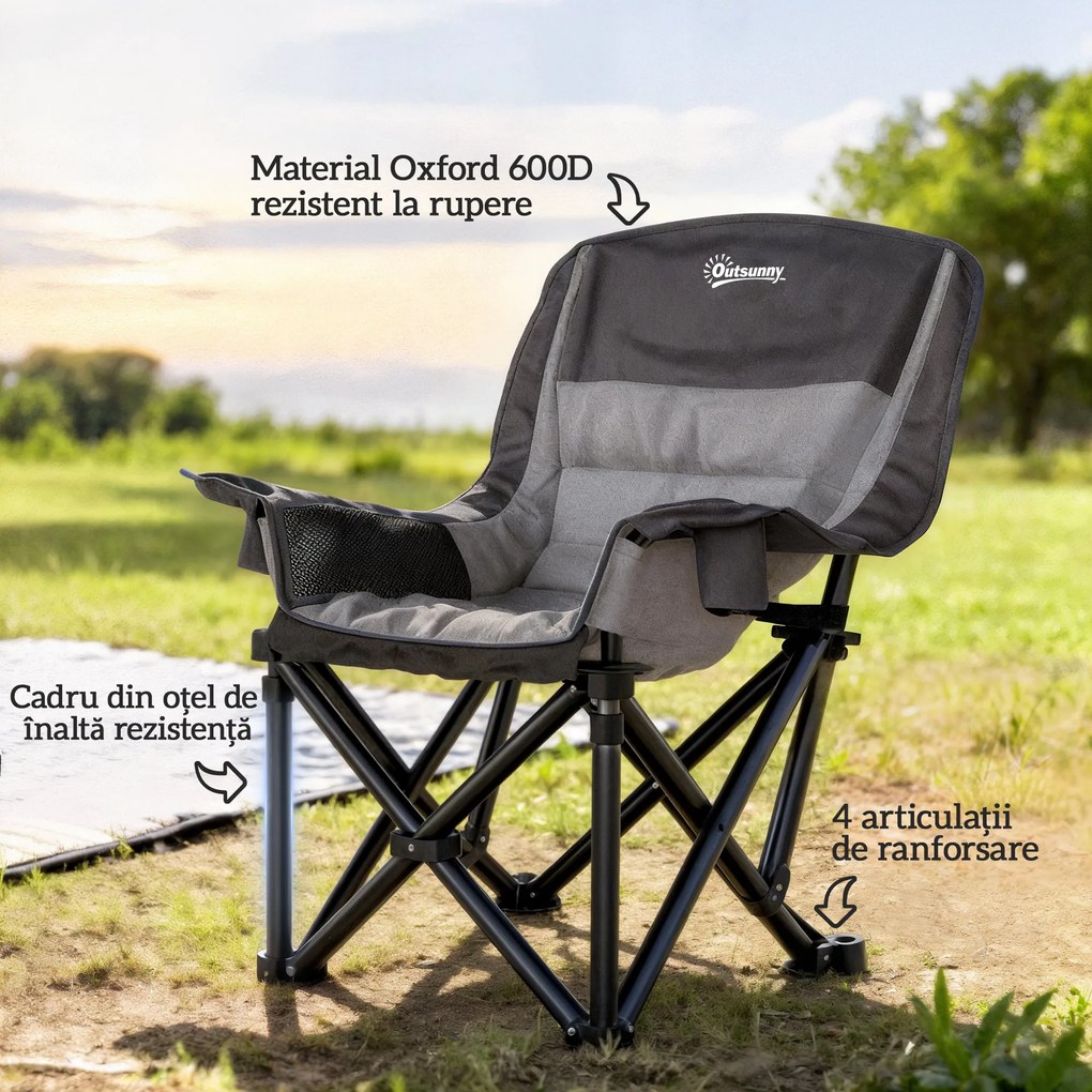 Outsunny Scaun de Camping Pliabil cu 2 Suporturi pentru Pahare și Buzunare Laterale, 99x71x103 cm, Gri | Aosom Romania