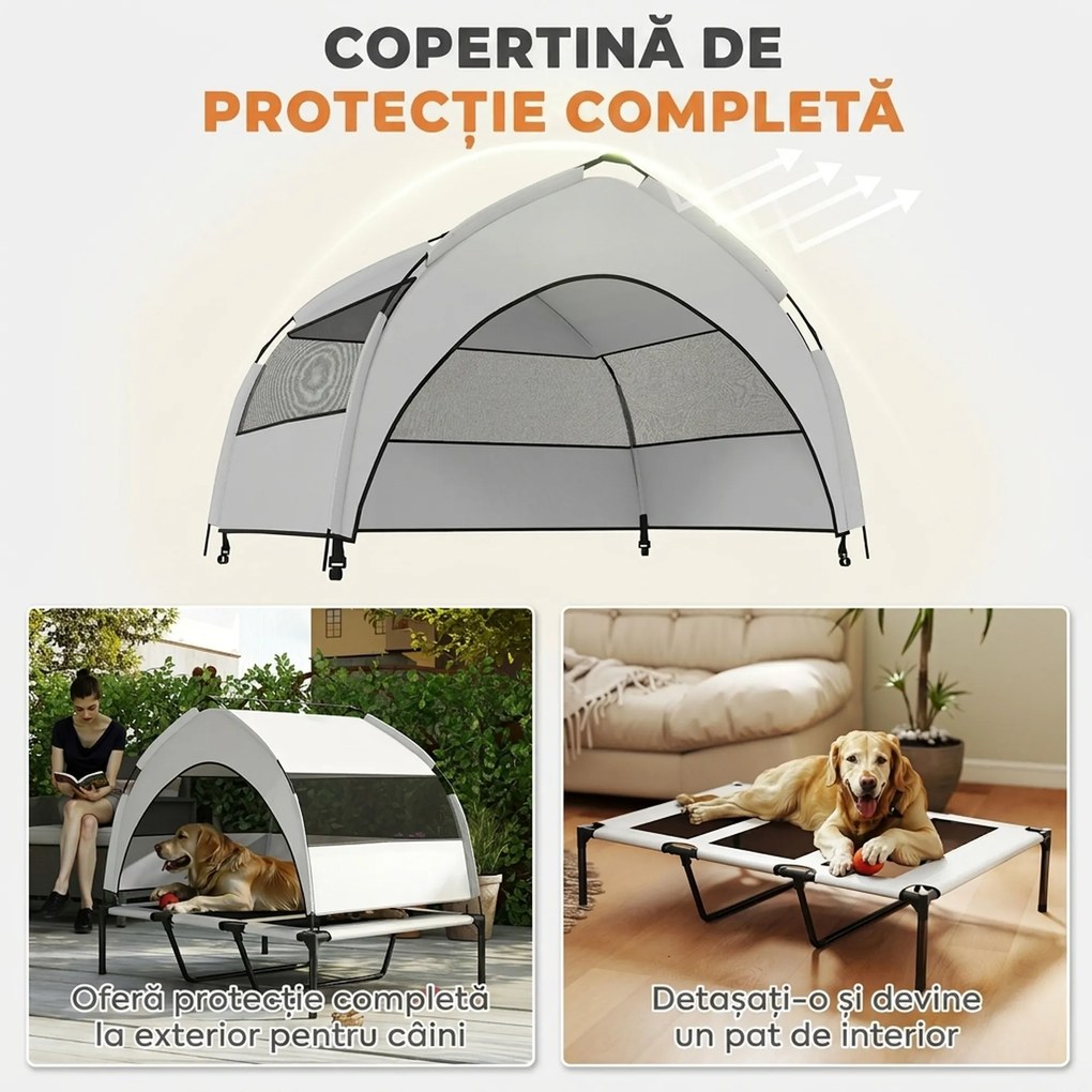 PawHut Pat pentru Câini cu Copertină Detașabilă pe 3 Laturi, din Poliester și Oțel, 106x76x94 cm, Gri Deschis și Negru | Aosom Romania
