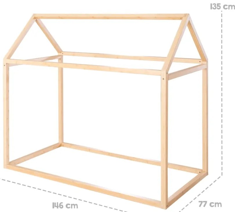 Pat pentru copii în culoare naturală de tip casă 70x140 cm Montessori – Roba